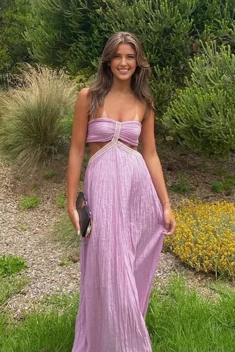 Weitese Formal Women's Dresses Purple Strapless Cut Out A-Line Long Party Dress Prom Clothing